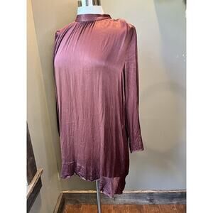 Little Moon Women Maroon Mini Satin Long Sleeve Viscose Dress Size Small Large